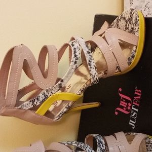 Just Fab Snakeskin, Tan and Yellow Heeled Sandals
